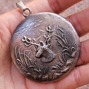 Amazing huge solid 925 sterling silver deer mirror compact pocket watch pendant